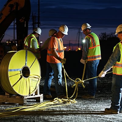 The image depicts a construction site early morning with workers gathered around a large spool of MULETAPE The scene is illuminated by bright work lights casting stark shadows on the ground Several workers clad in safety gear including hard hats and The image depicts a construction site early morning with workers gathered around a large spool of MULETAPE The scene is illuminated by bright work lights casting stark shadows on the ground Several workers clad in safety gear including hard hats and